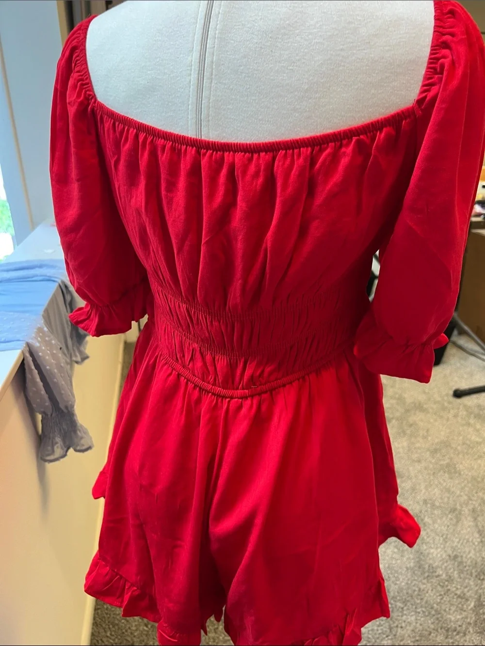 Blue Rain Red Smocked Romper with Puff Sleeves - Picture 3 of 5